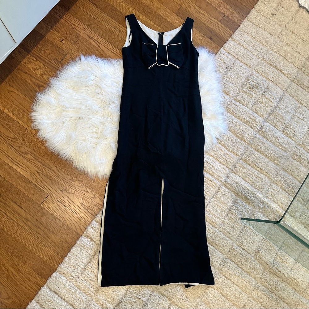 Vintage Elegant Black Maxi Dress with Slits and White Trim Bow Detail